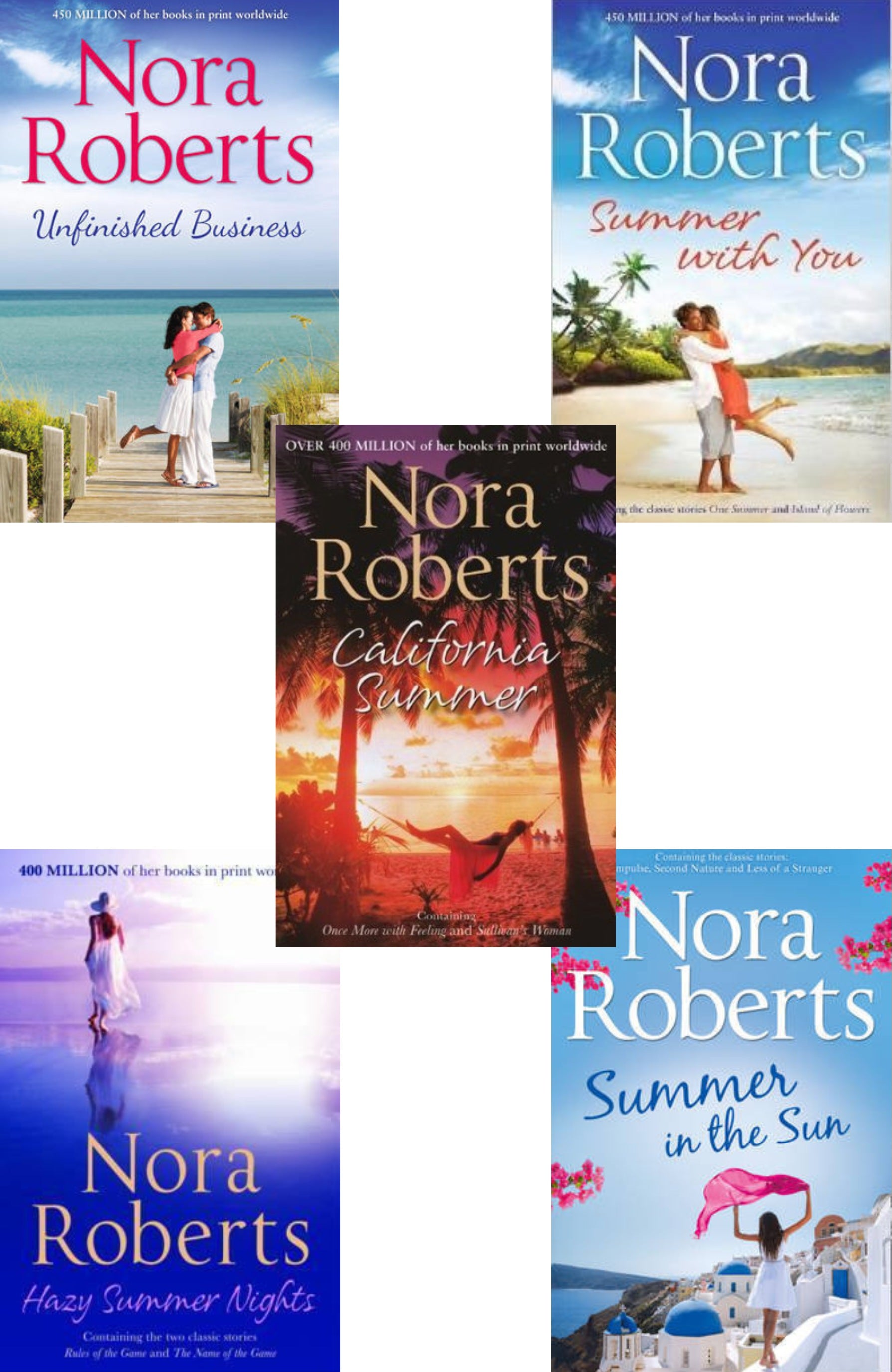 Nora Roberts Romance Bestseller Book Combo ( Unfinished Business, Summer With You, Summer in the sun, California Summer,  Hazy Summer Nights, Irish Rose )